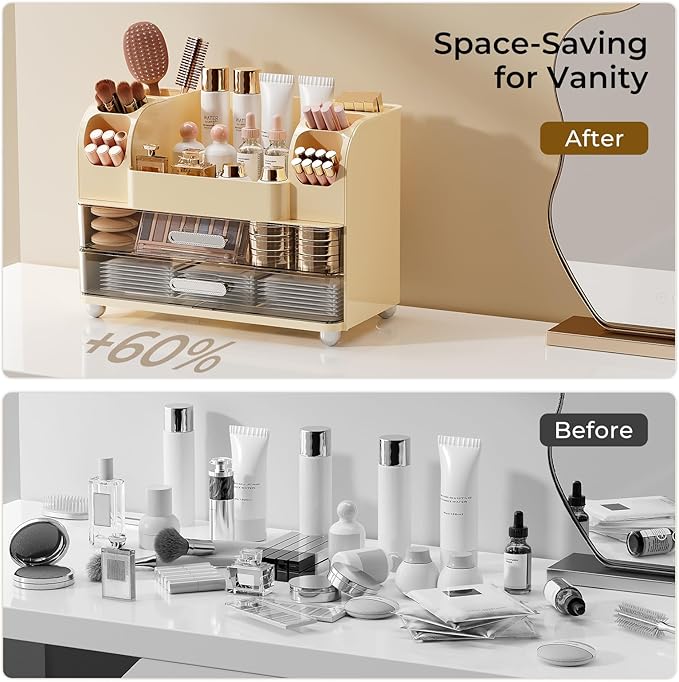 UFORU Makeup Organizer Countertop with 2 Large Drawers for Vanity Bathroom | Brush Holder, Large Capacity, Thickened Plastic, Compact Footprint, Space-Saving Design, Easy Clean, Ideal for Dorm Rooms