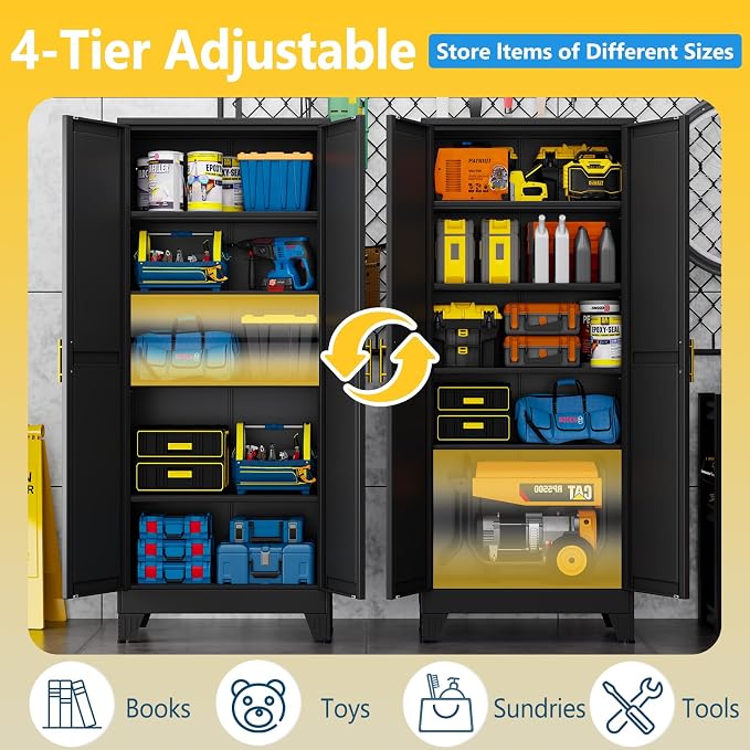 PAOFIN 71" Metal Storage Cabinet with 2 Doors and 4 Adjustable Shelves,Black Metal Garage Storage Cabinets, File Cabinet,Steel Tool Cabinets for Home,Office,Garage,School,Warehouse