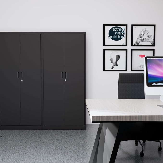 CJF 71" H Metal Storage Cabinet, Locking Cabinet with 2 Doors and 5 Adjustable Shelves, Black Tall Cabinet for Garage, Home, Office, Pantry, Workshop, School