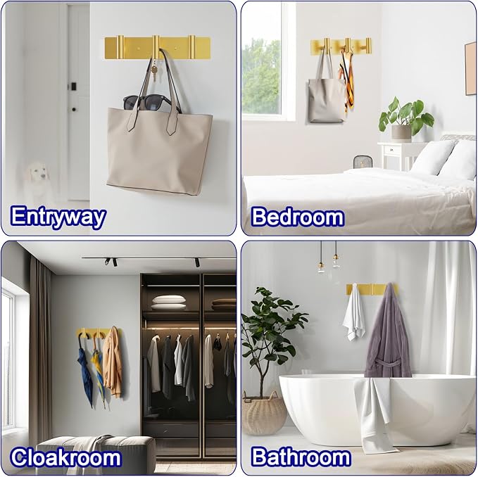 Bntuk Coat Rack Wall Mount - 3 Coat Hooks, Towel Racks for Bathroom Robes Bags Keys, Hat Rack Wall Towel Hooks Organizer (Gold)