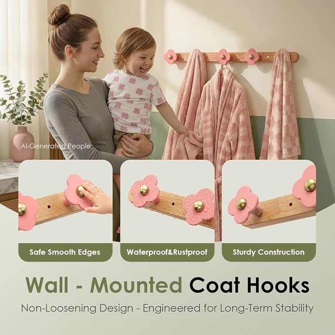 Tindbea Upgreded Heavy Duty Coat Rack Wall Mount for Entryway, Kids' Room | Cheery Wood, Pink, 5 Hooks