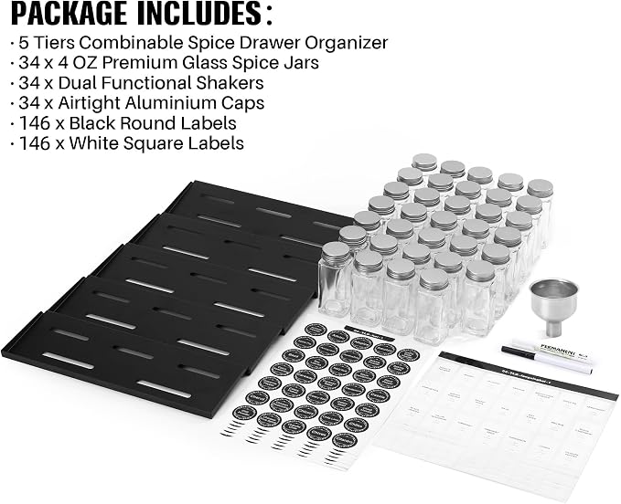 MIUKAA Spice Drawer Organizer with 34 Spice Jars, 378 Spice Labels, 5 Tier - 5 Pack Metal Spice Rack Tray for Drawer/Countertop, 13.7" Wide x 22.6" Deep (Black)