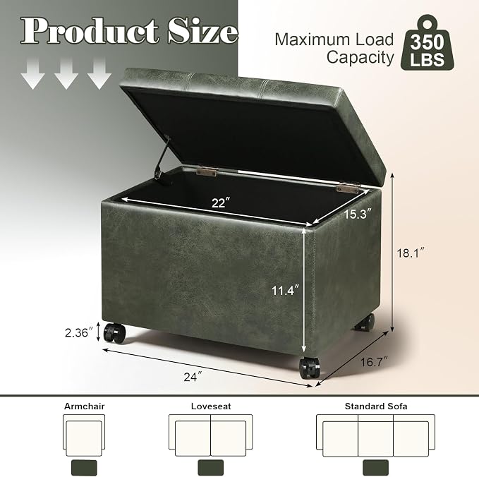 24" Faux Suede Storage Ottoman Bench with Wheels, Rectangle Foot Rest Stool for Living Room, Bedroom, Entryway, Moss Green