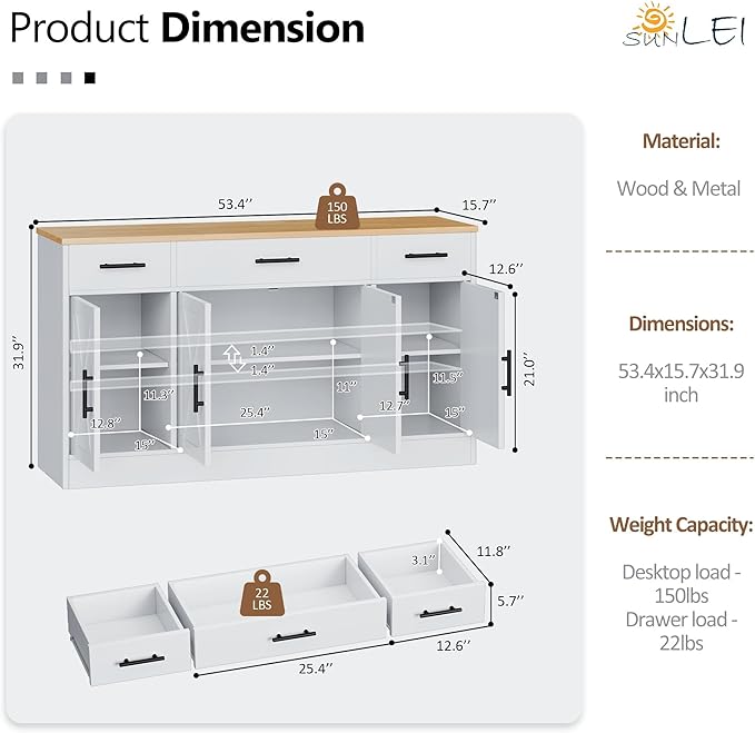 Buffet Cabinet with Storage, 53" Farmhouse Buffet Cabinet with 4 Doors and 3 Drawers, Sideboard Small Storage Cabinet with Adjustable Shelf, for Kitchen, Dining Room & Living Room, White&Yellow