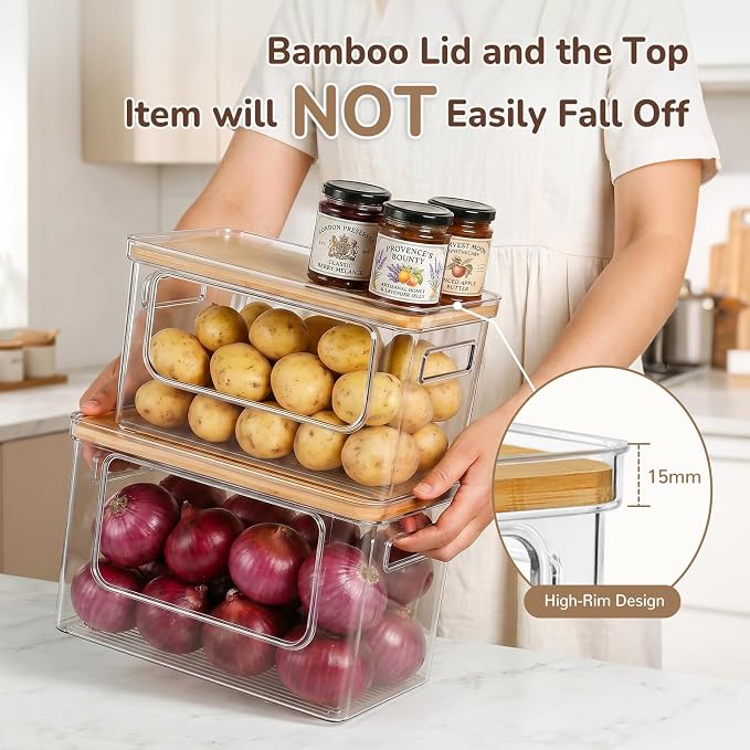 Hudgan Potato Onion and Garlic Storage Bin for Pantry Organizers, 3 Packs | Stackable, Straight Side, Bathroom Countertop Storage with Bamboo Lid, Pantry Box, Can Good Organizer, Kitchen Space Saver