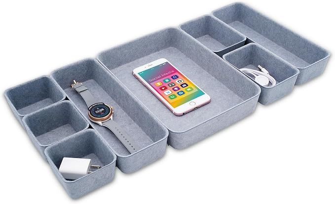 Welaxy Minimalist 8pc Felt Desk Drawer Organizer Glacier Gray Bins