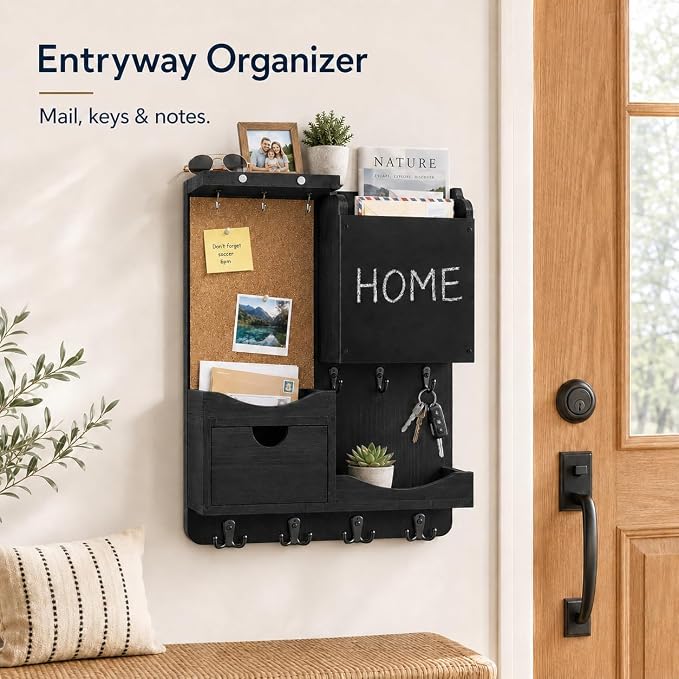 Key Holder Wall Mount, Mail Organizer Key Holder for Wall with Shelf, Drawer, Chalkboard, Corkboard, Home Decor Mounted for Room Entryway (Black)