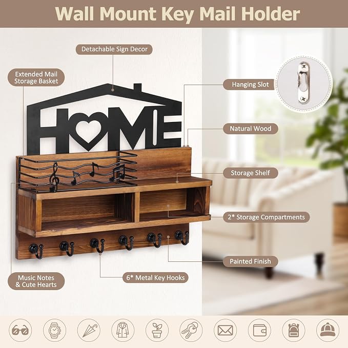 VIS'V Key Holder Wall Mount, Decorative Wood Mail and Key Organizer, Brown | Contains Iron Storage Basket, Small Shelf, 2 Compartments, 6 Hooks, for Entryway, Hallway, Doorway, Kitchen, Garage, RV