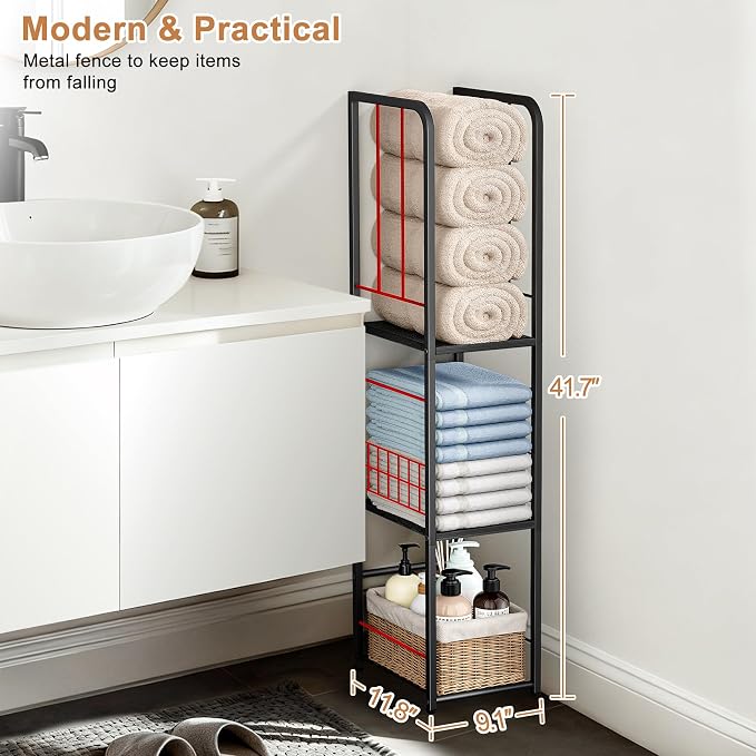 KIMBORA Narrow Towel Storage for Bathroom, 3-Tier Free Standing Bathroom Towel Organizer with Shelf for Small Bath, Pool, Black