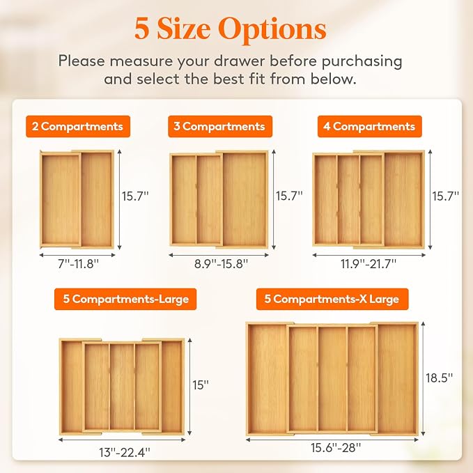 Lifewit Utensil Organizer for Kitchen Drawer, Expandable Cooking Utensil Tray, Cutlery Silverware Flatware Holder, Wood Adjustable Spatula Tools Storage Divider, 33 -56x38cm, Natural and Black