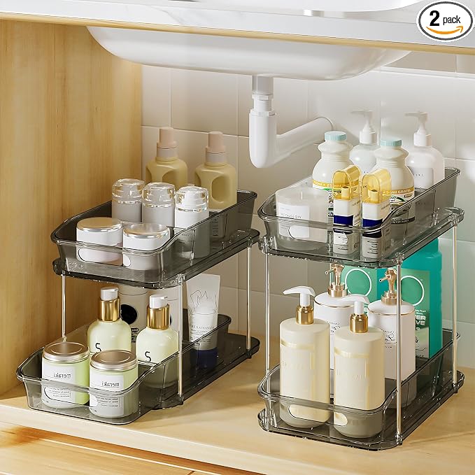 Delamu 2-Tier Under Sink Organizers and Storage, Multi-Purpose Stackable Bathroom Cabinet organizers, Pull Out Kitchen Pantry Organization and Storage with Dividers(2 Pack, Grey)