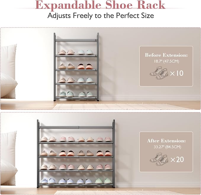 Bumusty 5 Tier Expandable Shoe Rack for Closet, Grey | 18"-33" Adjustable Shoe Rack for Entryway, Small Shoe Organizer for Dorm, Front Door, Sturdy Metal