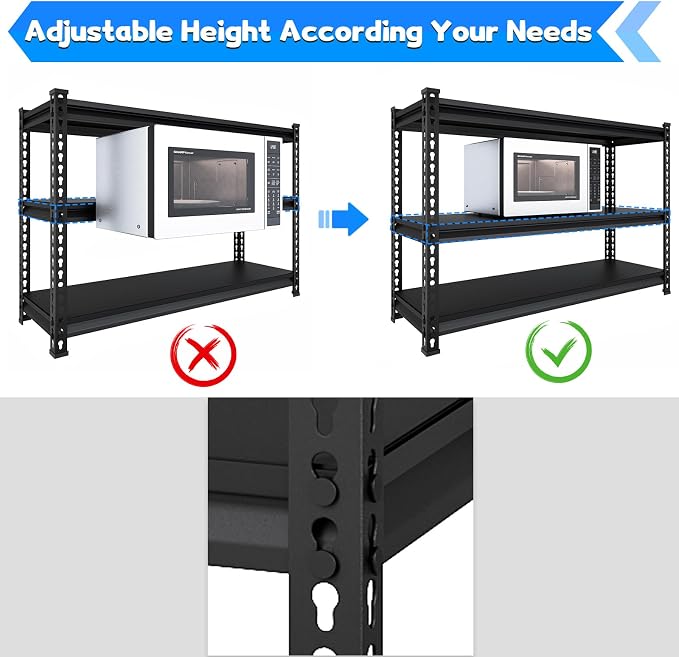48" W Garage Shelving Heavy Duty, 1500LBS Loads Adjustable Garage Storage Shelves, 3-Tier Metal Shelving Units and Storage Racks, Industrial Utility Shelf,48" Wx18 Dx39 H, Black