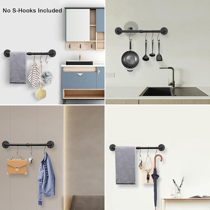 Livabber Industrial Pipe Towel Bar, Rustic Iron Decor Bathroom Hardware Towel Holder Accessory, Heavy Duty Wall Mounted Bath Towel Rack, Black (18 Inch)