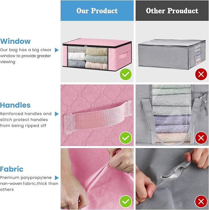 HomeHacks 10-Pack Clothes Organizer Storage Bags, 35L Storage Bins, Pink | Foldable Storage Box Container with Zippers, Clear Window, Reinforced Handles for Closet, Dorm, Pillows, Bedding, Sweater