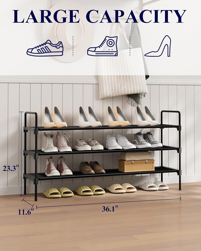 Kitsure Long Shoe Rack for Closet, 36.1" Wide - 3 Tiers, Black | Shoe Organizer for Front Door Entrance, Stackable Shoe Shelf, Closet Organizers and Storage