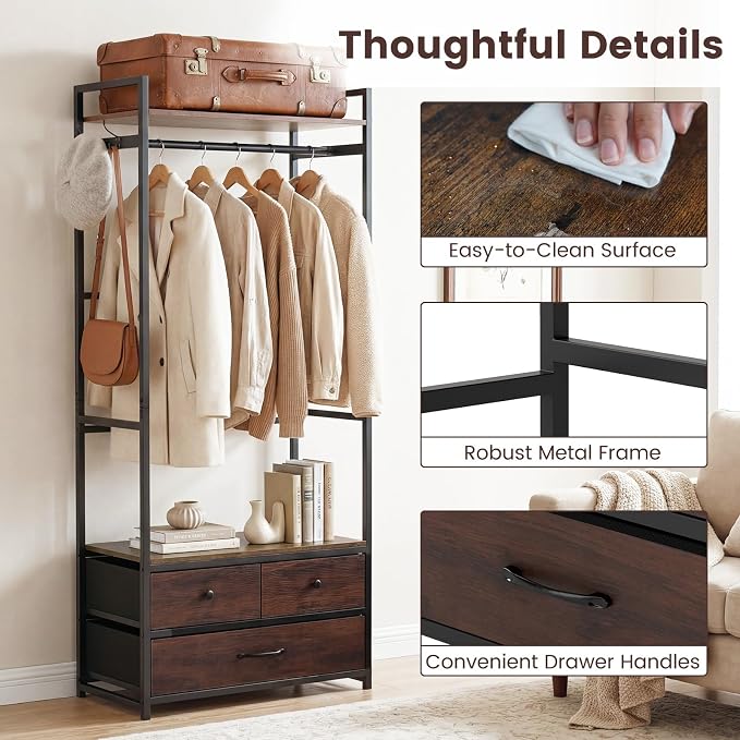 Tangkula Freestanding Small Clothes Rack, Heavy Duty Coat Rack with Drawers, Shelves, Hooks & Hanging Rod, Metal Closet Organizer Garment Rack, Industrial Hall Tree for Entryway, Hallway, Bedroom