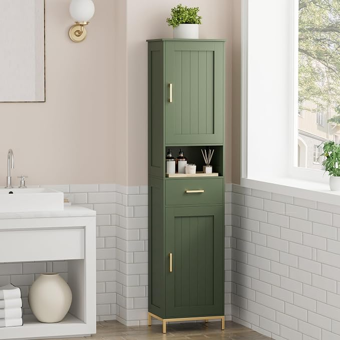 Homhedy 67" H Bathroom Storage Cabinet, Tall Bathroom Cabinet, Green | Narrow Cabinet with Doors and Drawer, Adjustable Shelves, Floor Cabinet for Bathroom, Living Room, Kitchen, Dining Room