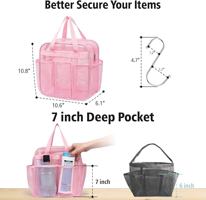 Mesh Shower Caddy Portable with Zipper - 2-Handle Shower Bag for Dorm | 8 Deep Pockets, S-Hook, Quick-Dry Mesh, College Dorm Room Essentials for Girls, Camping, Gym, Travel & Bathroom, Pink