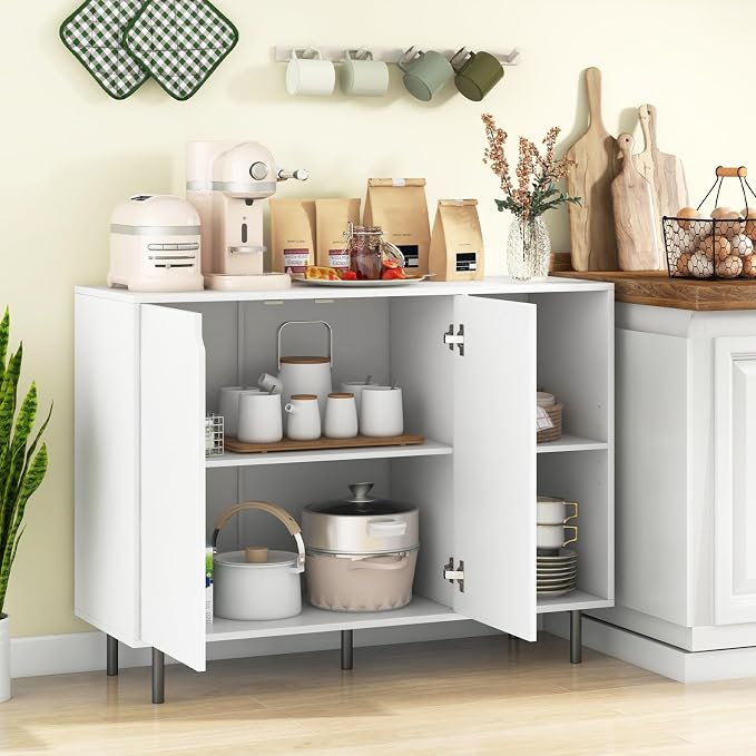 Giantex Buffet Cabinet with Storage, Wooden Sideboard with 2-Door Cabinet, 2 Cubes, 5-Position Adjustable Shelves, 5 Metal Legs, Anti-Toppling Device, Modern Furniture for Kitchen Living Room (White)