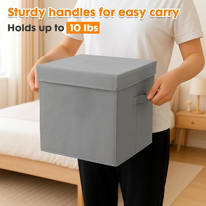 ShellKingdom Storage Bins, Foldable Fabric Storage Cube with Lid for Closet | Clothes Storage Organizer Drawer For Closet Toys Storage, 10.5 X 10.5 X 11 INCH, 2 Pack (Grey)