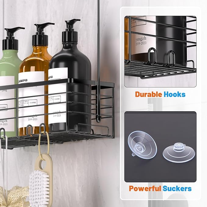 YUOROS 304 Stainless Steel Hanging Shower Caddy (Black) | Over the Door Shower Organizer Rack Rustproof Bathroom Storage Shampoo Holder Basket