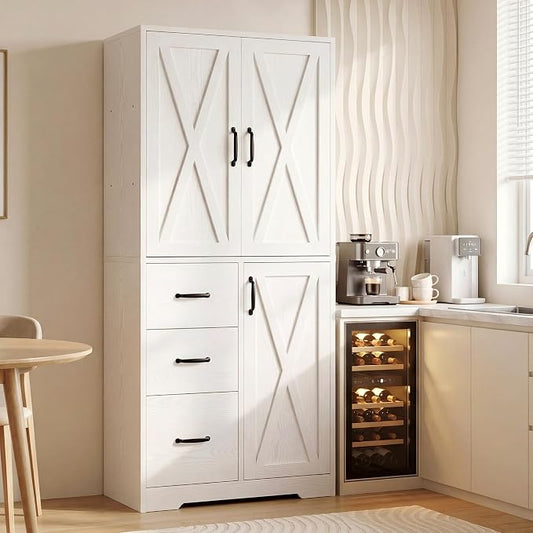 IRONCK Pantry Cabinet, Kitchen Storage Cabinet with 3 Door & Drawer, White | Adjustable Shelf. 67.5inch Tall. 5 Tier Freestanding. 150 lbs Per Shelf. Modern Style. FSC-certified Wood. Anti-tip.