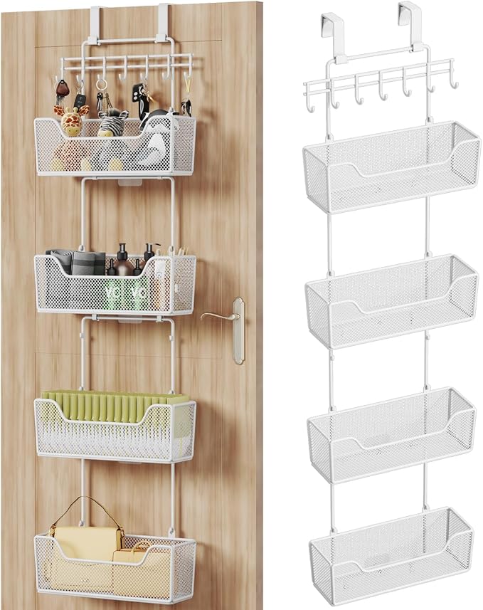 HapiRm Over Door Organizer Storage - Hanging Door Organizer with 4 Metal Large Capacity Baskets and Adjustable Coat Hook for Bathroom Bedroom Kitchen Pantry Closet Cabinet