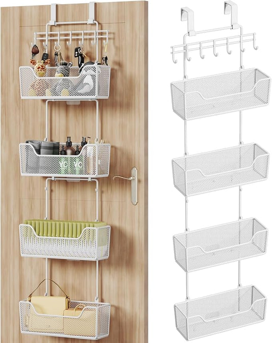 HapiRm Over Door Organizer Storage - Hanging Door Organizer with 4 Metal Large Capacity Baskets and Adjustable Coat Hook for Bathroom Bedroom Kitchen Pantry Closet Cabinet