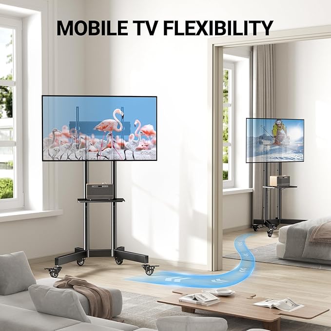 PERLESMITH Rolling TV Stand with Lockable Wheels for 32-86 Inch TVs Holds up to 132 Lbs, Height Adjustable Mobile TV Stand on Wheels with Laptop Shelf, Rolling Tv Cart Max VESA 600x400mm PSTVMC01