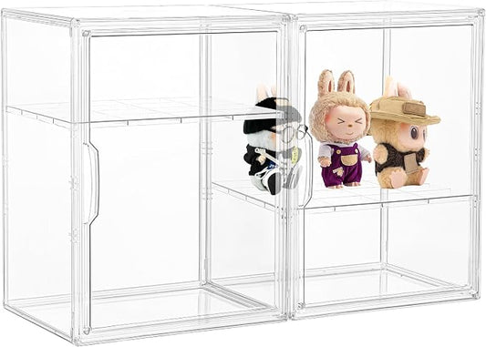 LXLXXL 2 Tier Stackable Acrylic Display Case with Magnetic Lids, 2 Pack | Clear Stackable Bins with Magnetic Lids, Clear Storage Box for Figures and Makeup, Durable Dustproof Display Case Organizer