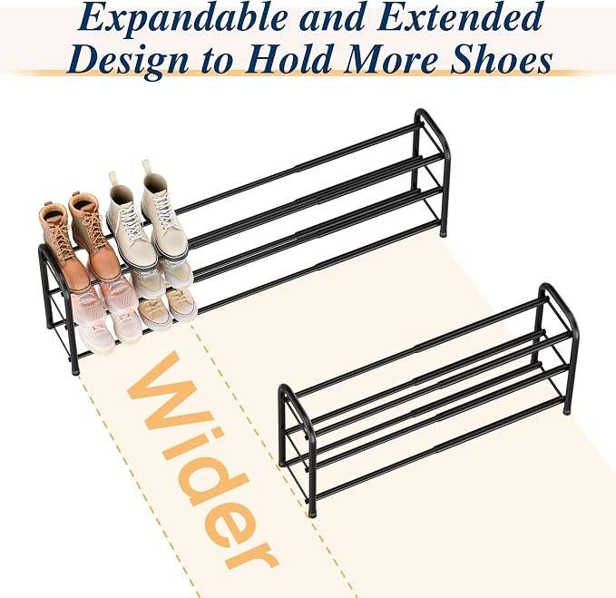 ENJOYBASICS 3 Tier Expandable Shoe Rack for Closet, Free Standing Metal Shoe Shelf Storage Organizer Holder 18 Pairs, Adjustable Width Shoe Rack for Entryway Small Space, Black