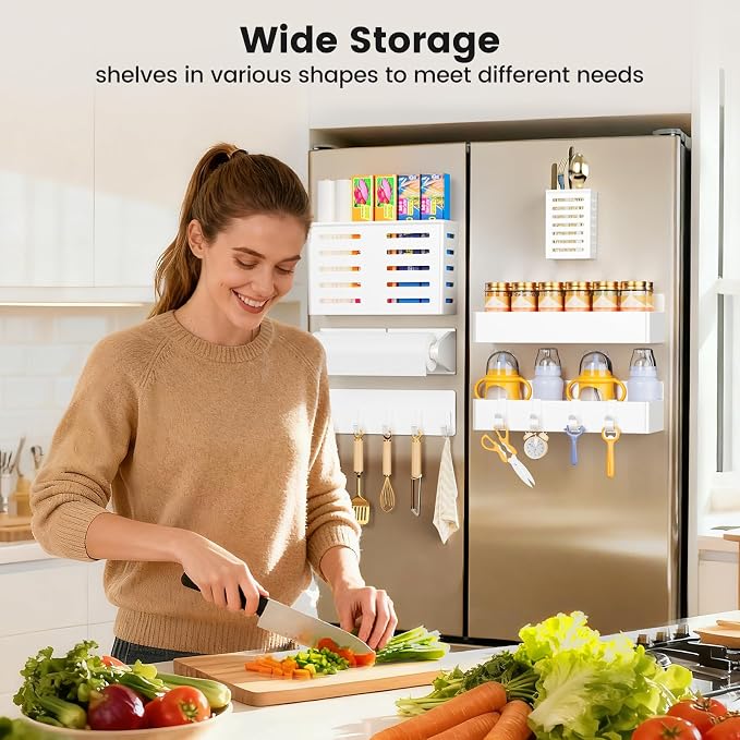 Magnetic Spice Rack for Refrigerator,6 Pack Magnetic Shelf,Fridge Magnet Organizer with Paper Towel Holder,Utensils Racks,Hook Rack,Deepened Basket,Fridge Organizers and Storage White(6 Pack)