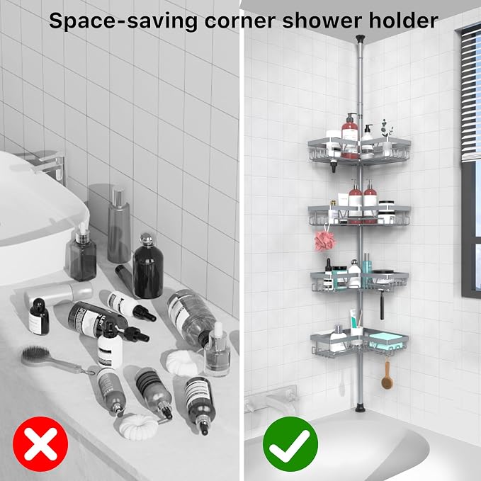 KEGII Shower Caddy Tension Pole, Bathtub Organizer, Light Gray | Adjustable 25-114.2 inch Pole with 28 Hooks, Rustproof Storage Solution for Renters and Modern Bathrooms