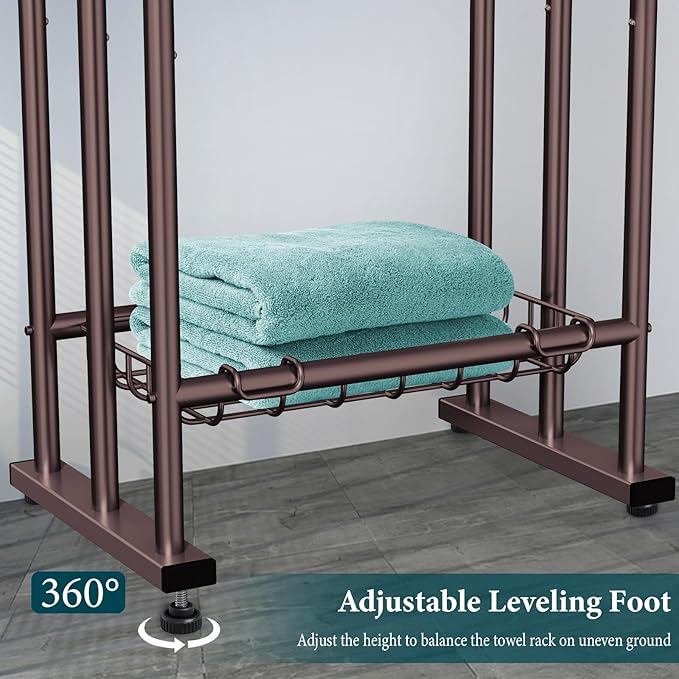 Kayfia 40'' Freestanding 3 Tier Alloy Steel Towel Rack with Storage Basket | Dual-Use Drying & Display Rack, Holds Oversized Bath Towels & Blankets, Fits Bathroom, Tub, Shower, Poolside, Bronze