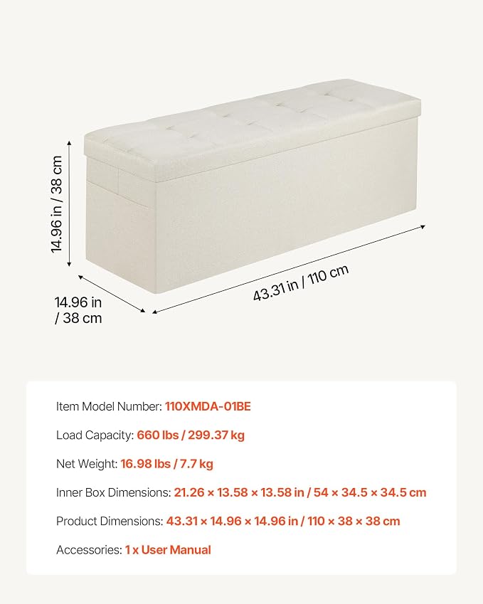 VEVOR Foldable Storage Ottoman Bench, End of Bed Bench with Side Bags, Folding Upholstered Storage Chest Supports 660 lbs, Linen Bed Ottoman with Large Space for Living Room, Bedroom, Entryway, Beige