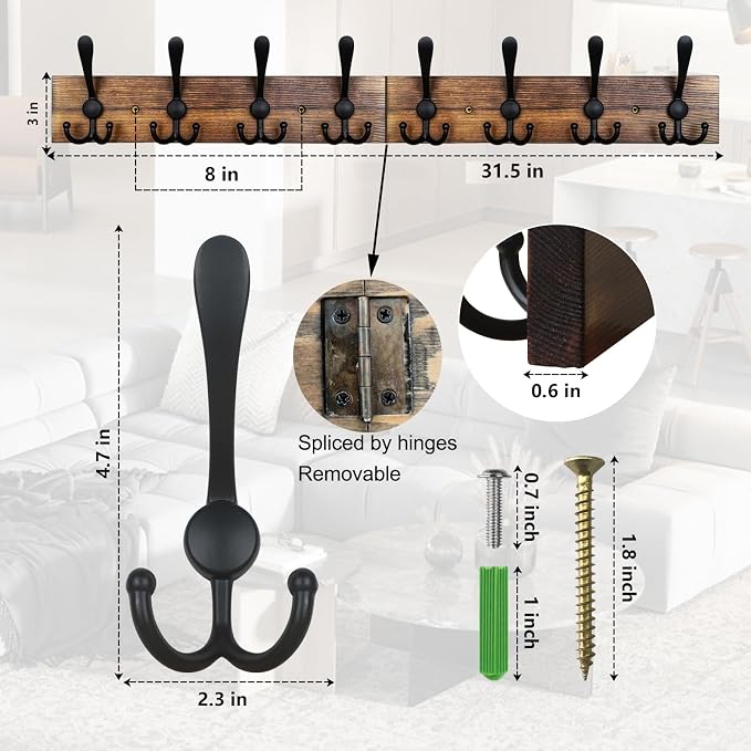 Coat Rack Wall Mount 31.5'' Coat Hanger Wall Mount Burnt Brown Coat Hooks for Wall Rustic Towel Racks for Bathroom Living Room Coat Hat Cloth