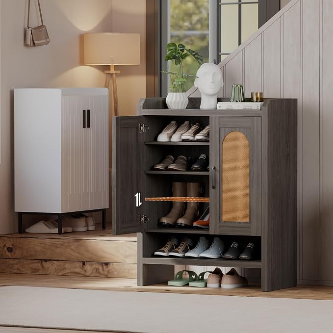6-Tier Shoe Cabinet Storage for Entryway, Rattan Shoes Organizer Cabinets with Doors, Wooden Shoe Rack, Farmhouse Boho Wood Storage Cabinet (Black, 6-Tier)