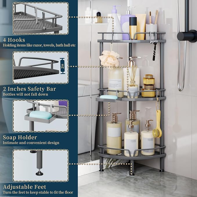 Consumest Corner Shower Caddy Stand - 3 Tier Shower Organizer with Soap Holder, Tall Floor Corner Shelf Standing with Adjustable Feet & 4 Hooks, Storage Rack for Bathroom Grey
