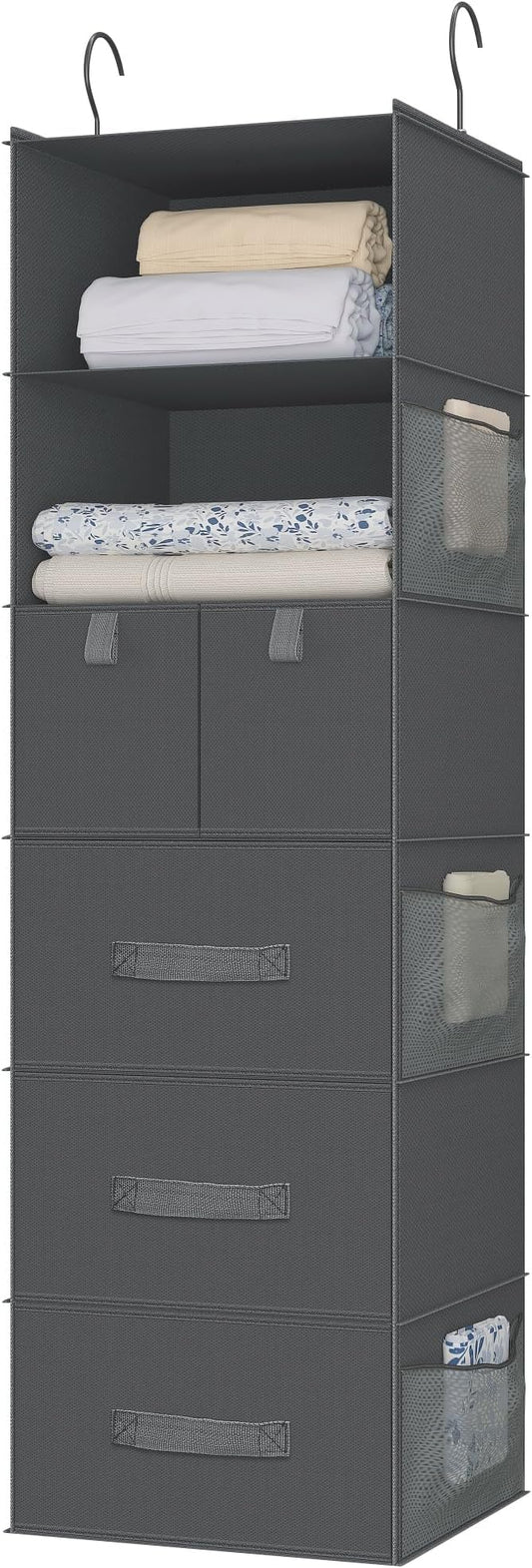 6-Shelf Hanging Closet Organizer with 5 Drawers, Non-Woven, Dark Gray | Spacious compartments sort clothes & undergarments; foldable drawers add hidden storage for closets, wardrobes or RVs.