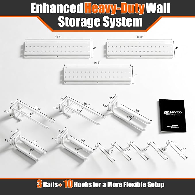 Garage Tool Organizer Wall Mount 49.5 inches with 10 Adjustable Heavy-Duty Hooks, Garage Organization, Garden Tool Storage Rack for Garage, Yard, Shed, Holds Up to 400 lbs, White