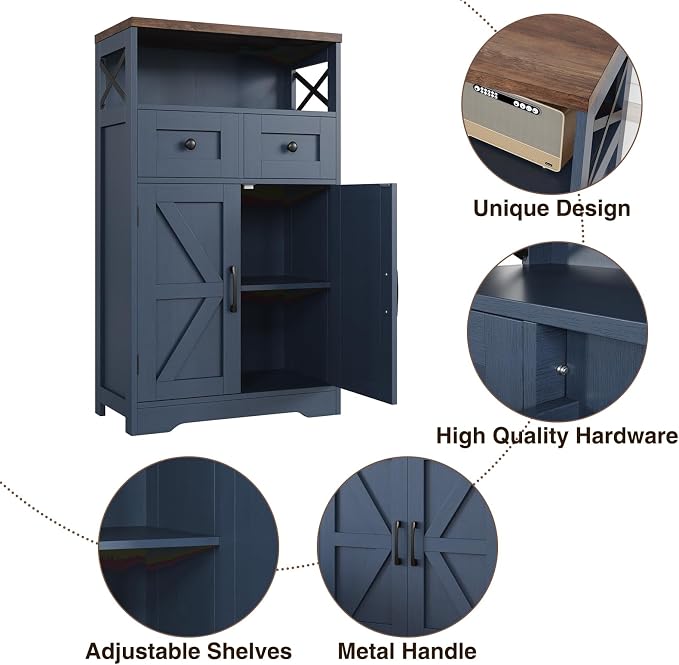 Farmhouse Storage Cabinet with Drawers, Small Kitchen Pantry Cabinet, Blue | Accent Coffee Bar Cabinet Cupboard, 2 Drawers, 2 Barn Doors & Adjustable Shelves, for Kitchen/Entryway/Living Room/Bathroom