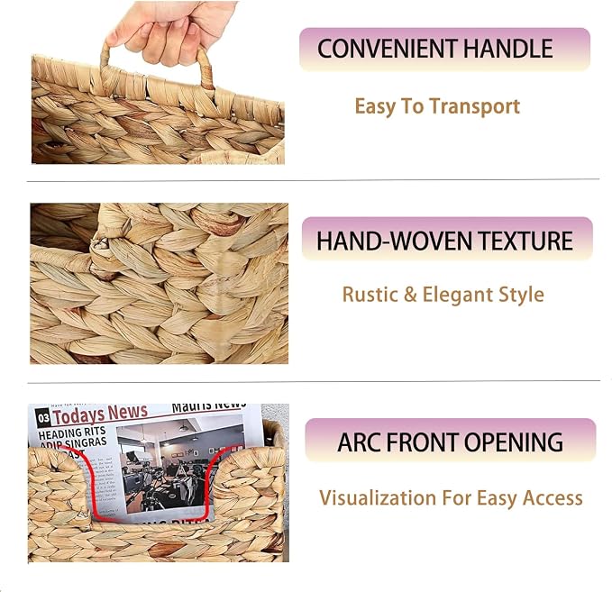 Hanging Magazine Basket, Woven Wall Magazine Holder Organizer with Handle for Mail, Files, Books - Water Hyacinth Farmhouse Storage Rack for Bathroom, Kitchen, Office