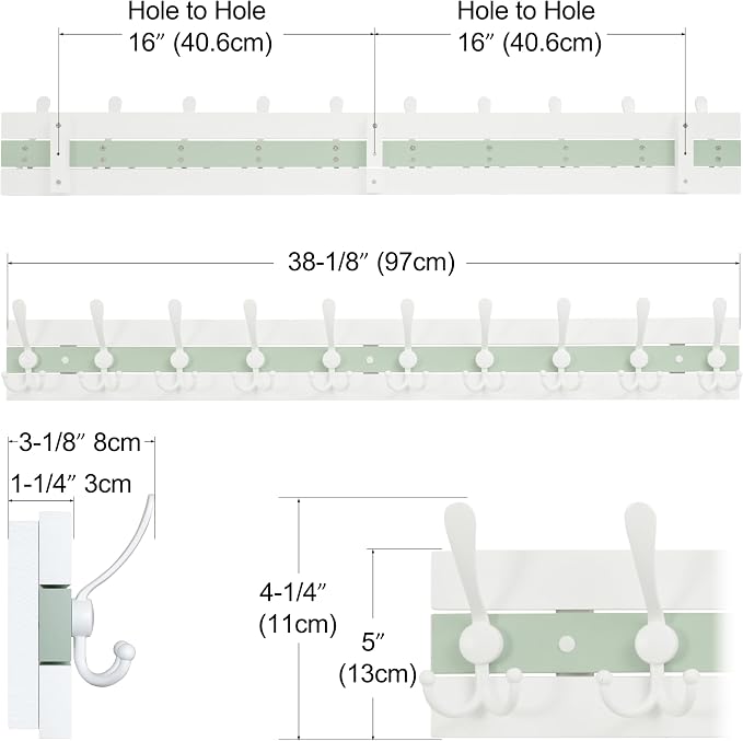 SKOLOO Coastal Coat Rack Wall Mount-38-1/8 Beach House Entryway Wooden Coat Hook with 10 Hooks for Hanging Coats, Hats or Towels, Oceanfront Cottage Core Collection, White & Green, Pack of 2