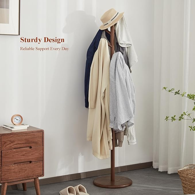 Solid Wood Coat Rack Freestanding 6 Hooks for Entryway Bedroom | Wooden Coat Tree Freestanding For Hats, Handbags, Entryway, Bedroom, Hallway, Gift for Men & Women