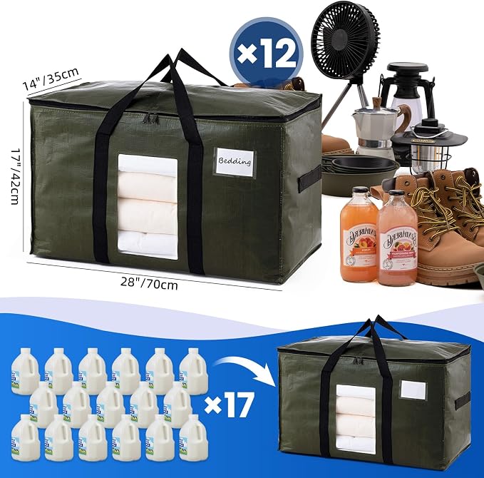 TAILI 12 Pack Green Extra Large Storage Bags, Heavy Duty Totes with Visible Window, Wrap Around Handles, Perfect for Moving and Storage
