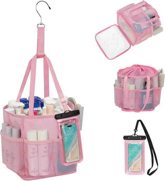 Mesh Shower Caddy Portable for College Dorm Room Essentials, Hanging Shower Caddy with Waterproof Phone Pouch, Large Capacity Shower Bag Basket Tote for Bathroom, Gym, Camping, Swimming, Beach, Pink