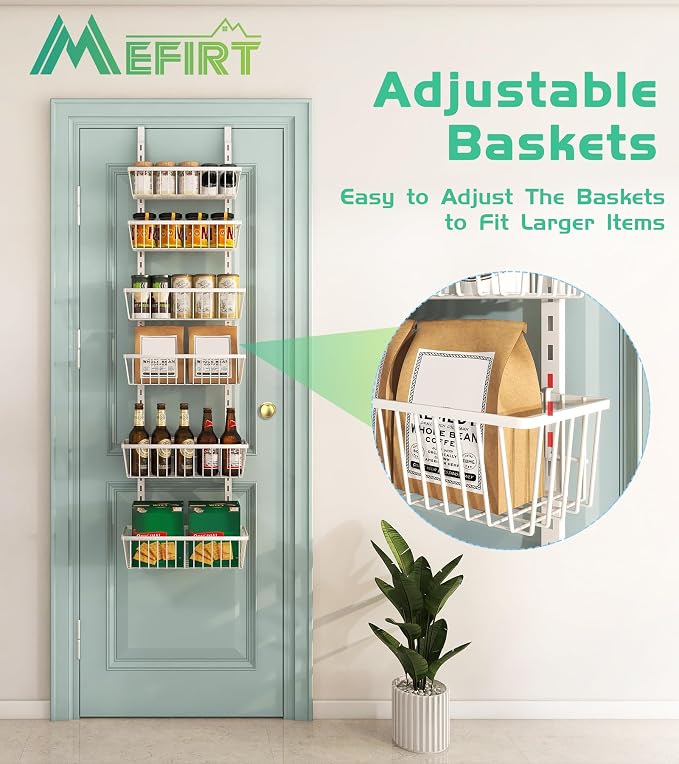 Mefirt 12 Inch Wide Narrow Over The Door Pantry Organizer 6-Tier White | Pantry Hanging Organizers and Storage, Adjustable Heavy-Duty Metal for Home & Kitchen, Back of Door Seasoning Rack
