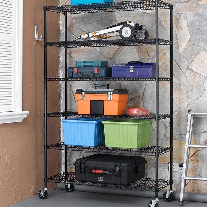 BestOffice | 6-Tier Wire Shelf with Wheels | 18" x 48" x 78" | Black | Storage Shelves with Adjustable Racks, Holds upto 600 lbs | Rust-Resistant, No-Tool Assembly | For Home, Garage