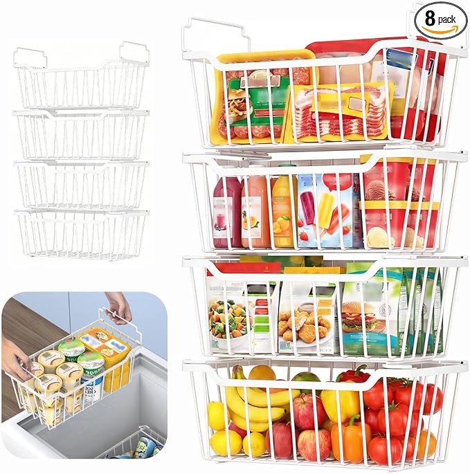 Goovilla Freezer Organizer Bins for 5-7 Cu.FT Chest Freezer,8 Pack White | Foldable Handle Stackable Freezer Baskets, Coated Metal Freezer Storage Bins with Better Space Utilization, Deep Organization